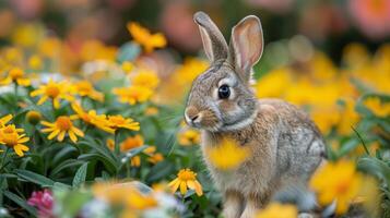 ai gegenereerd konijn zittend in veld- van bloemen foto