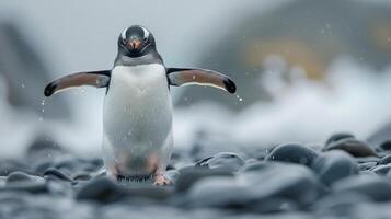 ai gegenereerd pinguïn staand Aan rotsen en water foto