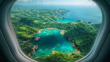 ai gegenereerd vliegtuig venster visie van tropisch eiland foto