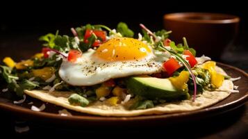 ai gegenereerd heerlijk ontbijt met ei en avocado taco foto