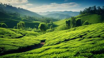 ai gegenereerd een thee plantage met een natuurlijk en vredig atmosfeer van groen terrassen en een zonnig lucht foto