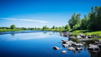 ai gegenereerd sereen rivier- en Doorzichtig blauw lucht in natuur tafereel foto