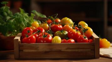 ai gegenereerd boerderij vers charme rustiek krat van erfstuk tomaten foto