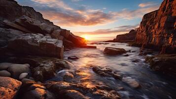 ai gegenereerd zonsopkomst over- de rotsen en golven foto