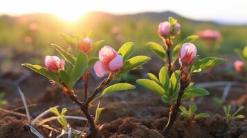 ai gegenereerd jong perzik planten weergeven een overvloed van bloesems in bloeien foto