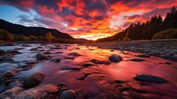 ai gegenereerd levendig zonsopkomst over- dramatisch rivier- landschap foto