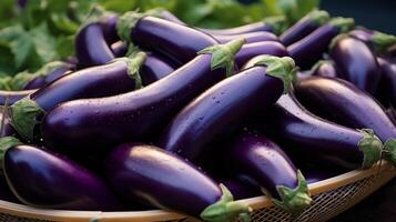 ai gegenereerd vers Purper aubergines in een rieten mand foto