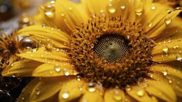 ai gegenereerd mooi geel zonnebloem met druppels van water Aan bloemblaadjes detailopname foto