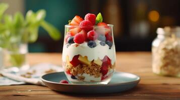 ai gegenereerd yoghurt en fruit lagen in een parfait foto