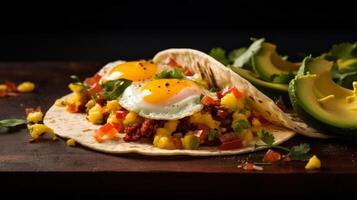ai gegenereerd ontbijt taco met eieren en avocado foto