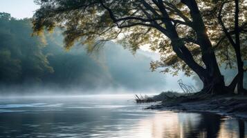 ai gegenereerd nevelig ochtend- met sereen rivier- en zonlicht foto