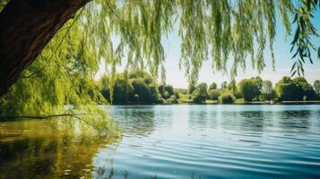 ai gegenereerd vredig meer en wilg bomen in natuurlijk milieu foto