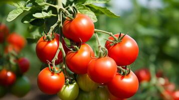 ai gegenereerd rijp en sappig tomaten groeit Aan fabriek foto