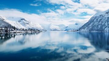 ai gegenereerd een verkoudheid en knapperig beeld van een ongerept ijzig fjord met glaciaal pieken en ijzig water foto