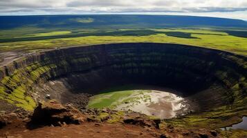 ai gegenereerd panoramisch visie van een opvallend vulkanisch caldera foto