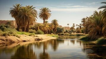 ai gegenereerd een rustig oase in de midden- van een enorm woestijn landschap foto