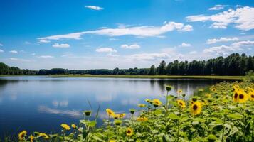 ai gegenereerd kalmte rivier- vloeiende door zonnebloem veld- foto