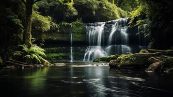 ai gegenereerd vredig waterval en groen in natuurlijk milieu foto