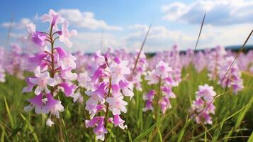 ai gegenereerd wild orchideeën bloeiend in een toneel- veld- foto