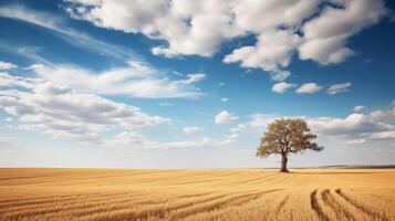 ai gegenereerd een tarwe veld- met een single boom en een Doorzichtig lucht in de achtergrond foto