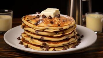 ai gegenereerd onweerstaanbaar stack chocola spaander pannekoeken, smelten boter foto