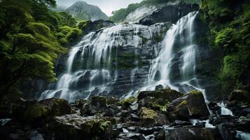 ai gegenereerd waterval in de wild met de nevel en regenboog effect foto