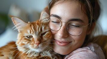 ai gegenereerd mooi jong vrouw met schattig kat Aan licht achtergrond foto