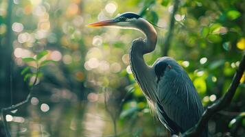 ai gegenereerd selectief focus schot van een mooi Super goed blauw reiger. foto