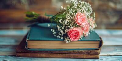 ai gegenereerd bruiloft foto album met bloem Aan een houten achtergrond