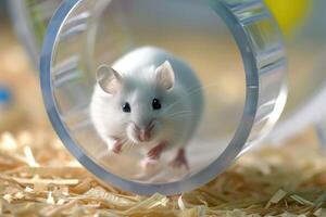 ai gegenereerd wit muis is rennen in rennen wiel voor hamsters. foto