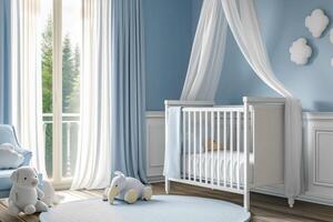 ai gegenereerd gemakkelijk, blauw baby slaapkamer met kinderbed en tapijt. foto