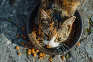 ai gegenereerd detailopname van kat aan het eten droog voedsel van schaal. foto