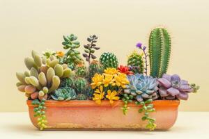 ai gegenereerd groep van divers binnen- cactussen en sappig planten in pot foto