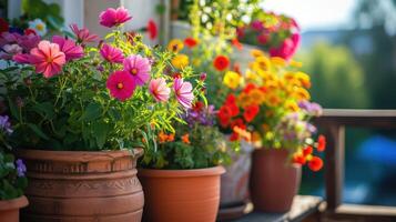 ai gegenereerd kleurrijk bloemen groeit in potten Aan de balkon. foto