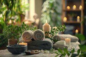 ai gegenereerd natuurlijk ontspannende spa samenstelling Aan massage tafel in welzijn centrum. foto