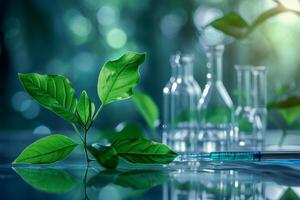 ai gegenereerd biotechnologie concept met groen fabriek bladeren, laboratorium glaswerk, en dirigeren Onderzoek foto