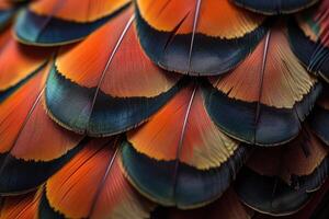 ai gegenereerd detailopname abstract achtergrond beeld van kleurrijk ringhals fazant veren. foto