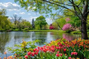 ai gegenereerd mooi landschapsarchitectuur met mooi planten en bloemen. foto