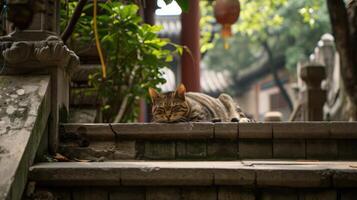ai gegenereerd kat ontspannende Aan trap met een boom achter het, in de stijl van boeddhistisch kunst en architectuur. foto