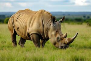 ai gegenereerd wit neushoorn begrazing in een gras veld. foto