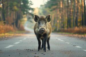 ai gegenereerd zwijn staand Aan de weg in de buurt Woud Bij vroeg ochtend- of avond tijd. weg gevaren, dieren in het wild en vervoer. foto