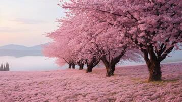 ai gegenereerd bloeiend kers bloesems in een toneel- veld- foto