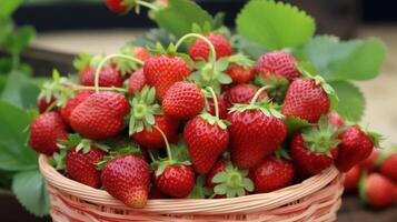 ai gegenereerd aardbeien in een mand Aan een houten tafel foto