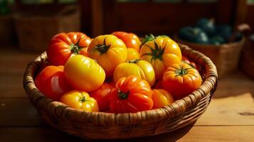 ai gegenereerd mand boordevol met levendig erfstuk tomaten foto