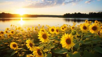 ai gegenereerd zonnig en sereen landschap van meer en bloemen foto