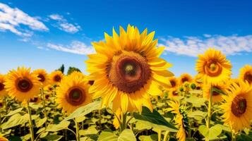 ai gegenereerd sereen tafereel van zonnebloemen geconfronteerd de zon foto