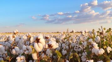 ai gegenereerd zonovergoten zomer veld- met volwassen katoen planten foto