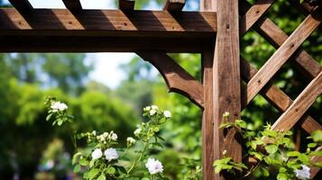 ai gegenereerd houten latwerk verbeteren de charme van de tuin foto