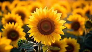ai gegenereerd levendig zonnebloemen in een landelijk landschap foto