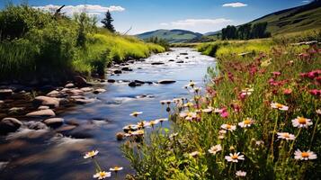 ai gegenereerd kleurrijk wilde bloemen langs kalmte rivier- bank foto